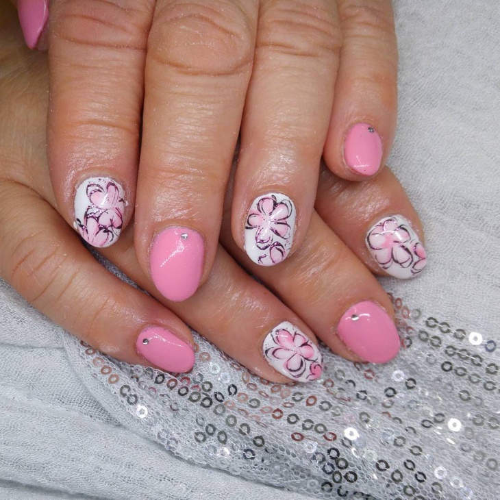pink floral hand painted nail design