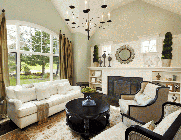 living room storage design with hanging chandeliers