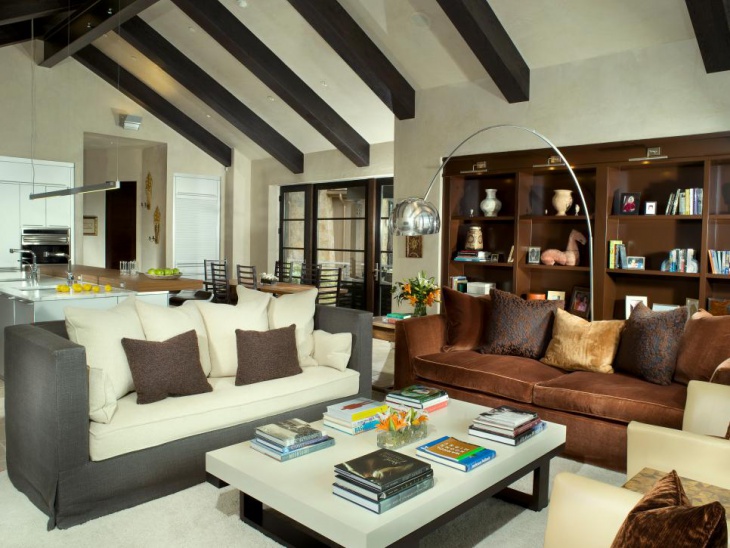 modern living room with brown shelves