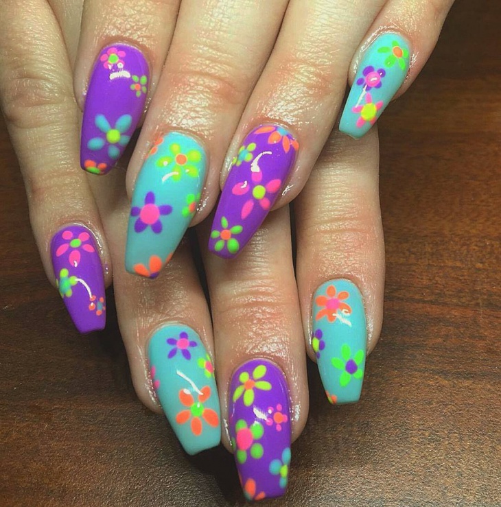 flower nail art on sharp nails