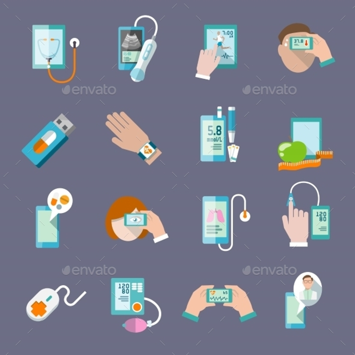 mobile health icons set flat