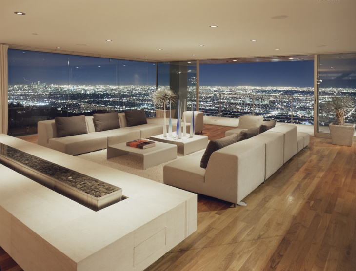 trendy living room with wood floor