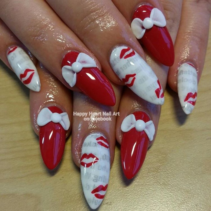red and white newspaper bow design nail art