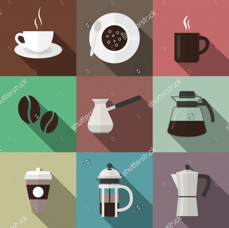 set of nine coffee icons in flat style