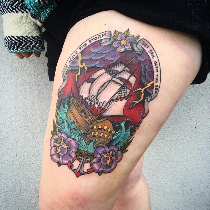 awesome ship tattoo on thigh