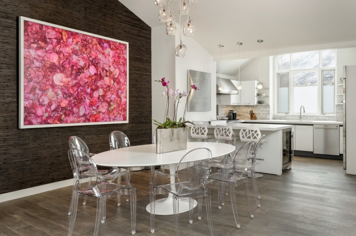 stylish kitchen with pink wall art