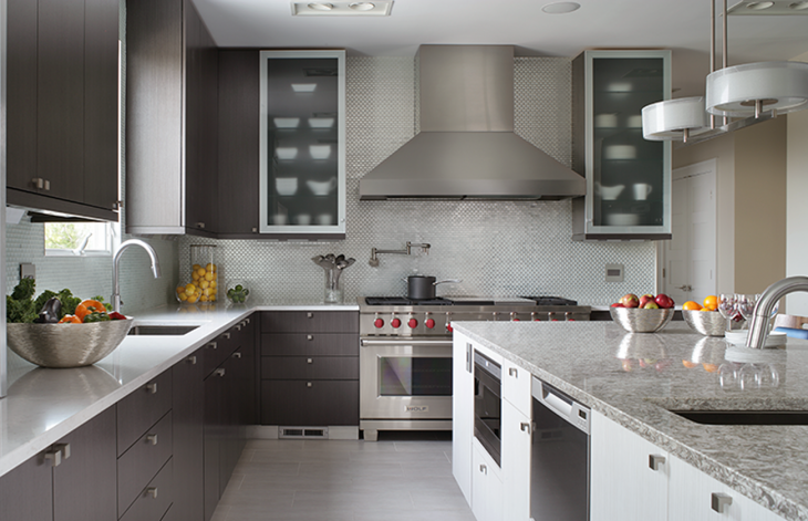 modern kitchen storage cabinets design with marble stone countertop