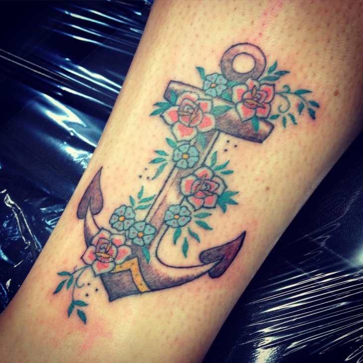 anchor tattoo with flowers