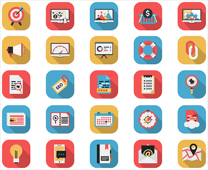 long shadow flat icons with seo icons and web icon1