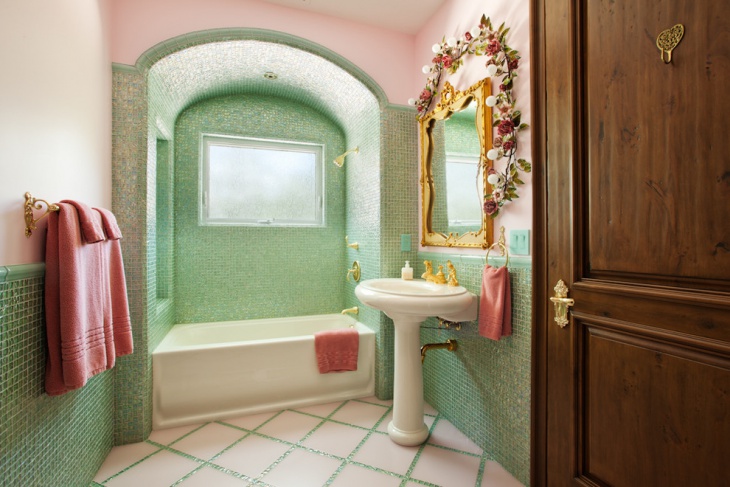 pink and green bathroom decor