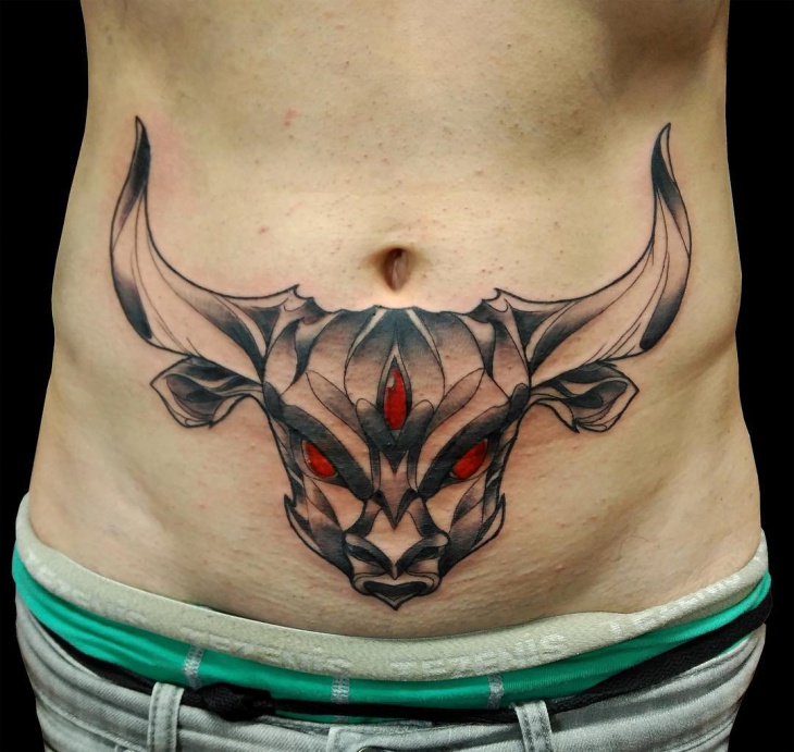 awesome bull tattoo on stomach