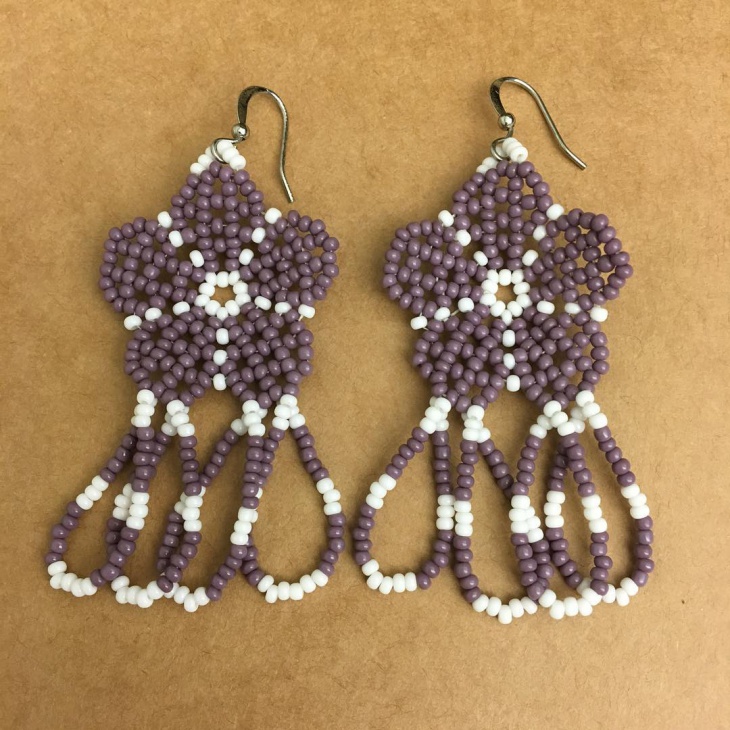 purple color beaded flower earrings
