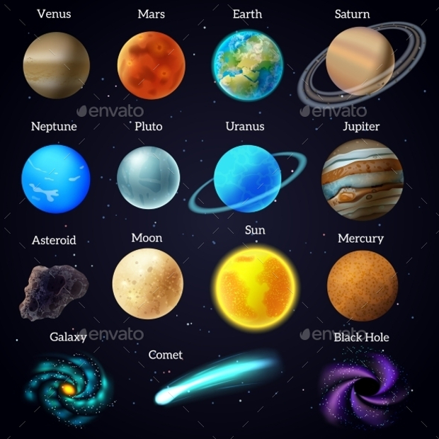 flat cosmos galaxy icons set