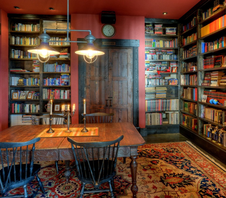 rustic home library lighting idea