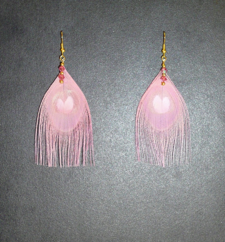 pink peacock feather earrings