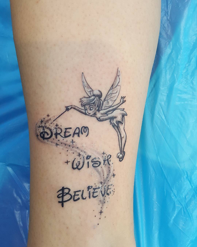text with tinkerbell tattoo design