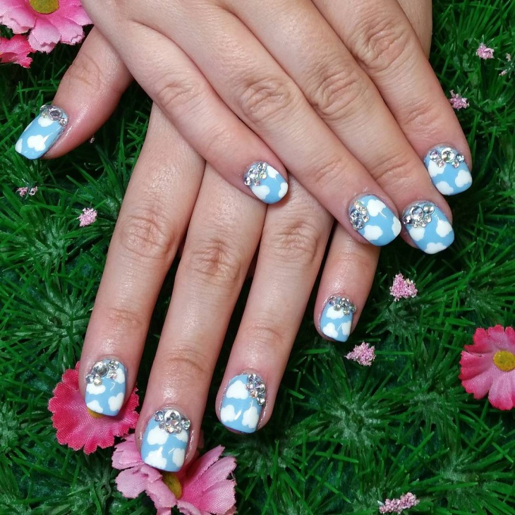 cloud nails with rhinestones