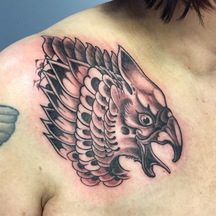 black and grey hawk tattoo on shoulder