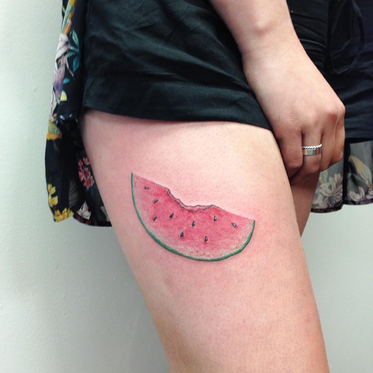 trendy watermelon tattoo for thigh