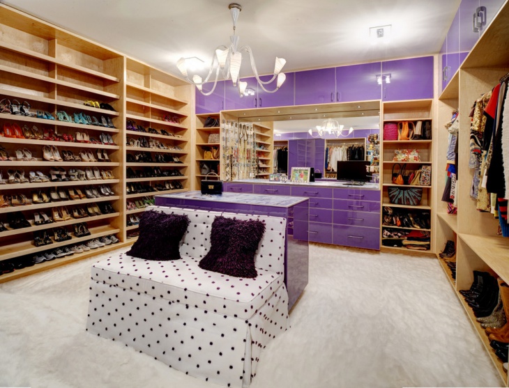 purple walk in closet design 