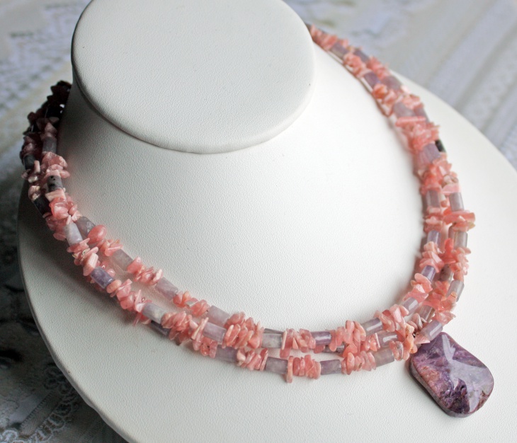 rhodonite and lepidolite multistrand necklace