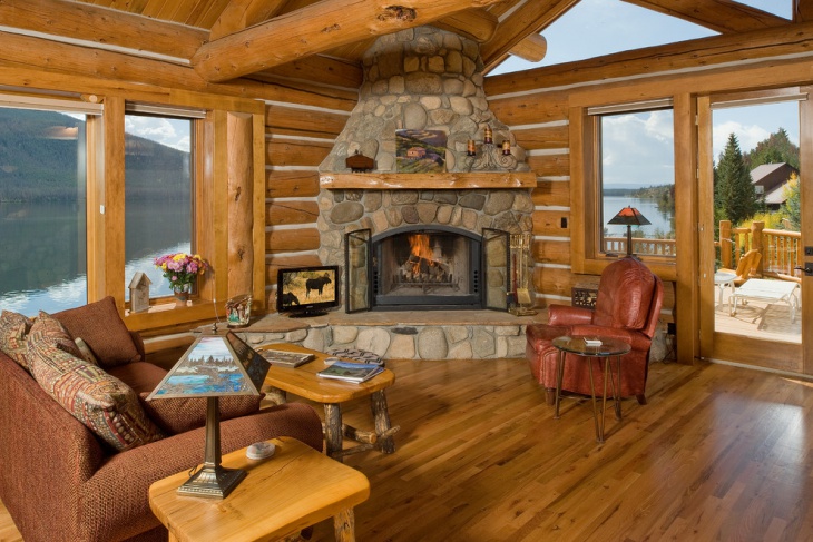 rustic living room with stone cabin