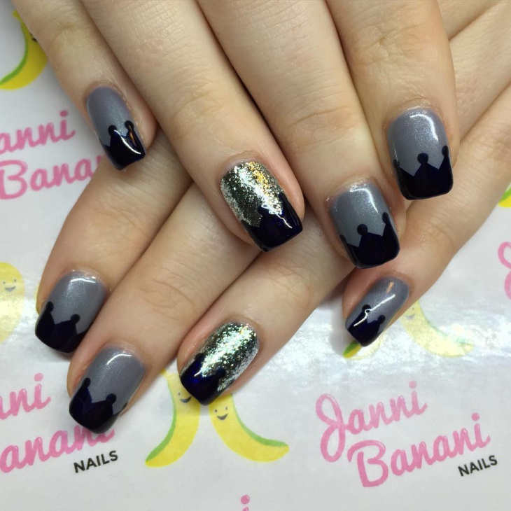 gray and black crown nail art