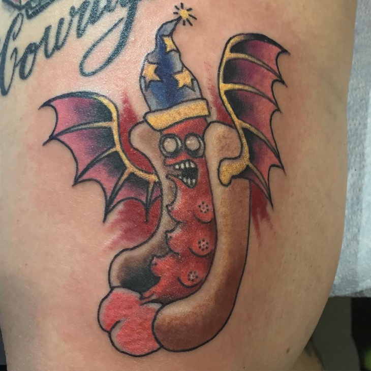 hot dog tattoo with wings