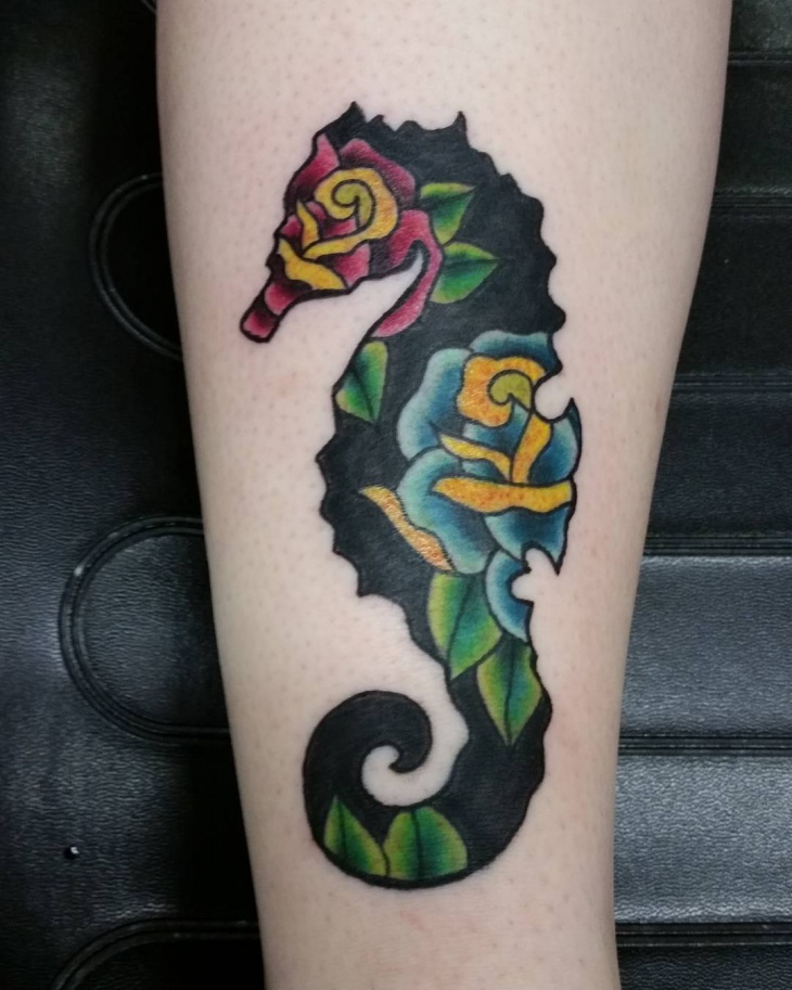 black and white seahorse tattoo