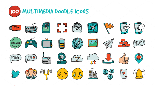 multimedia doodle icons set