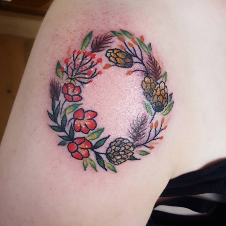 neo traditional wreath shoulder tattoo