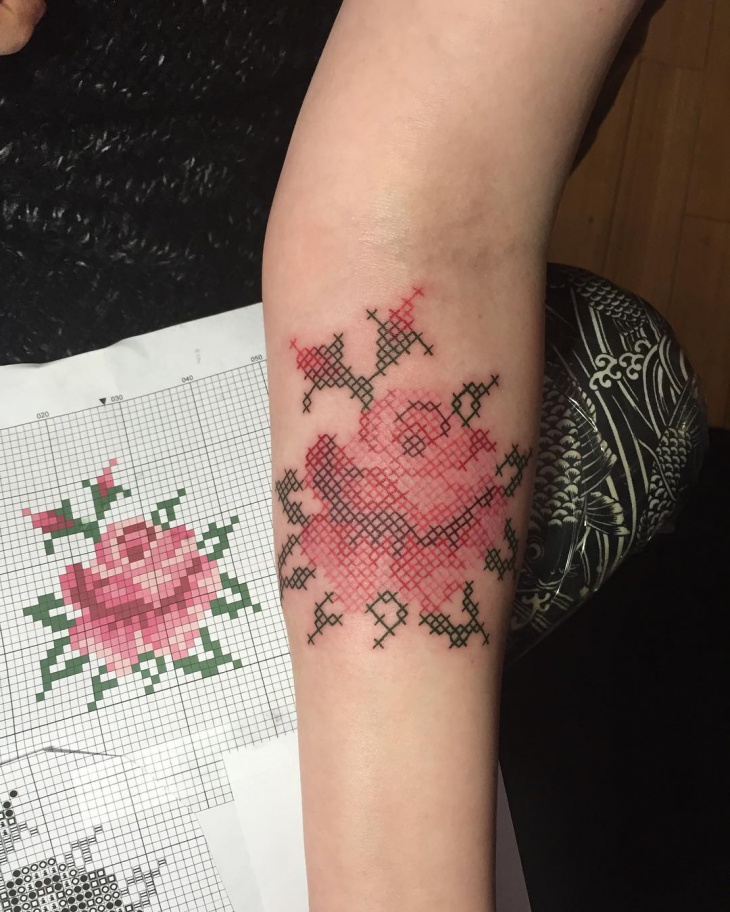 rose cross stitch tattoo design