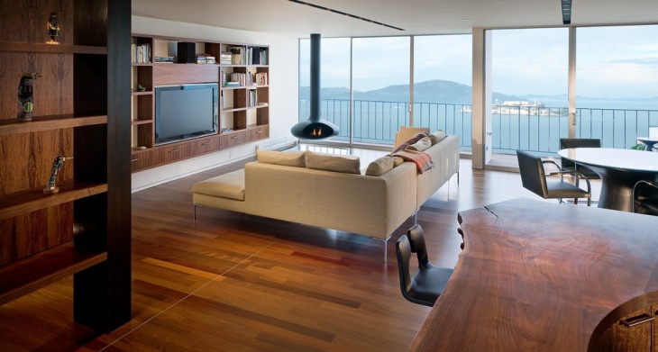 aquatic living room with wooden wall unit 