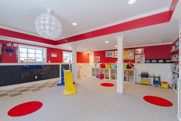 red wall design kids playroom