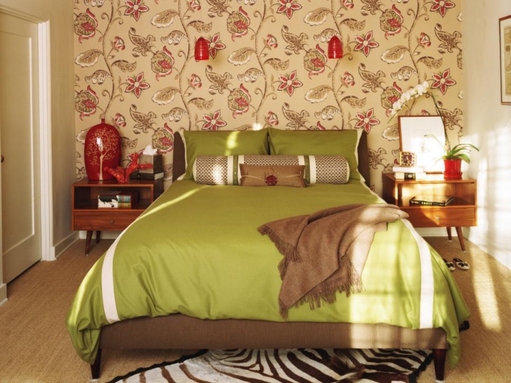 bedroom with floral wallpaper 
