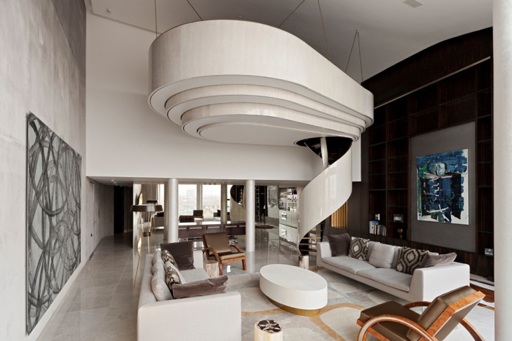 living room spiral staircase