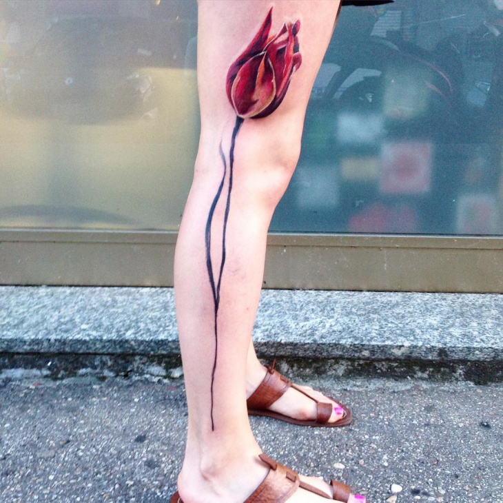 red tulip leg tattoo