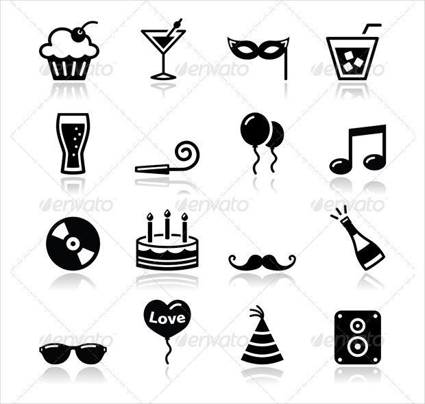 party icons set birthday new years christmas