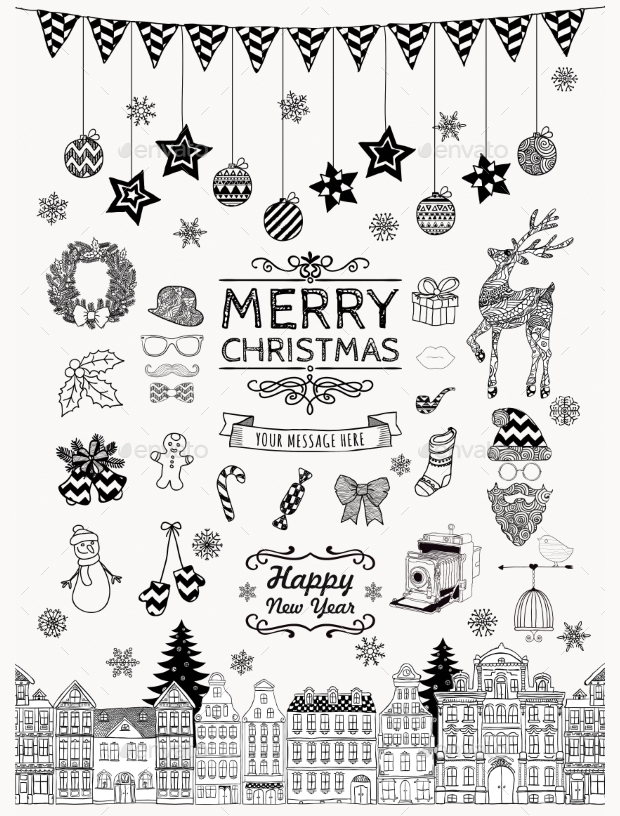set of hand drawn outlined christmas doodle icons