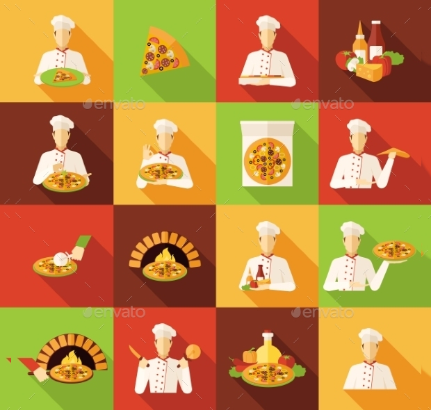 pizza makers flat icons set