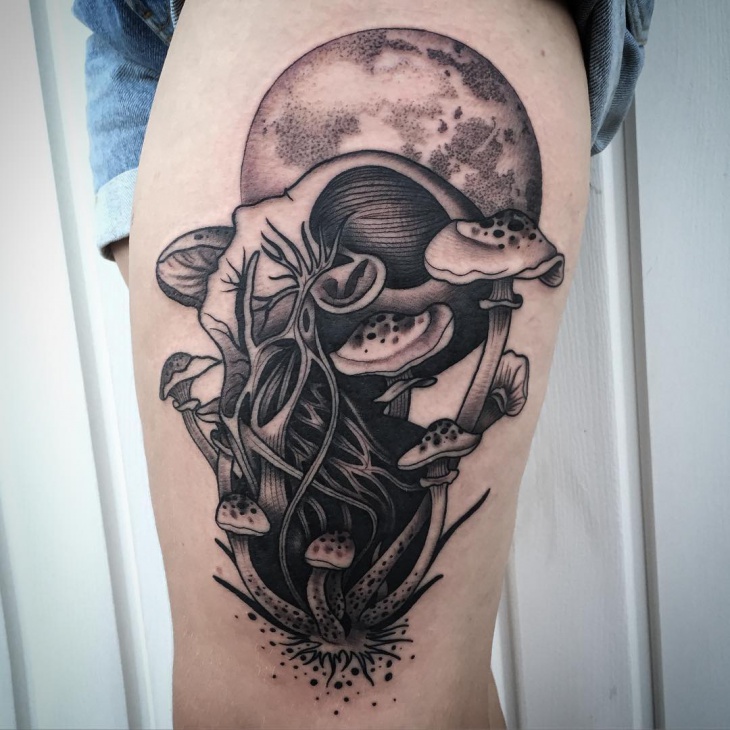black work mushroom tattoo