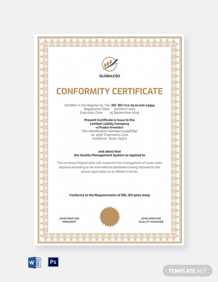 quality system conformance certificate