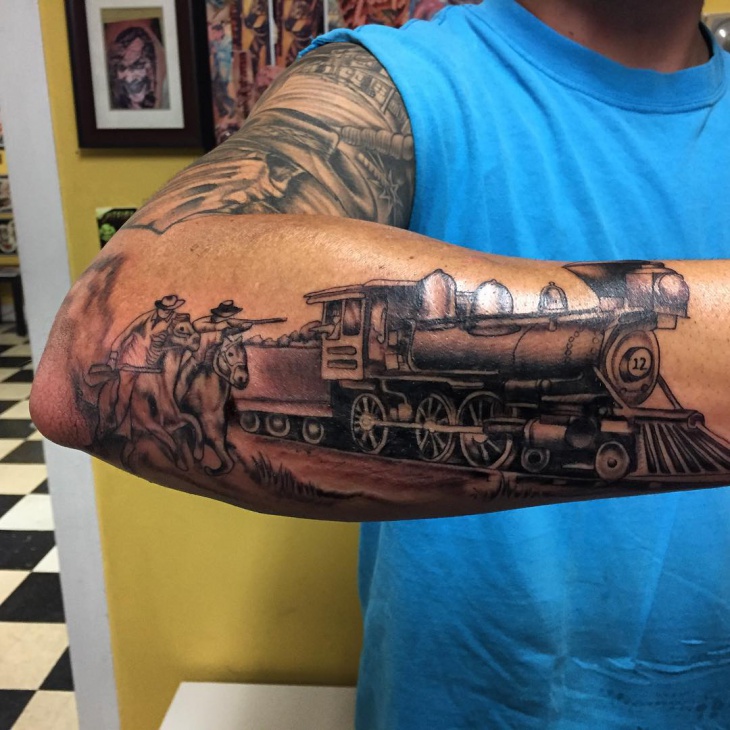 full sleeve train tattoo