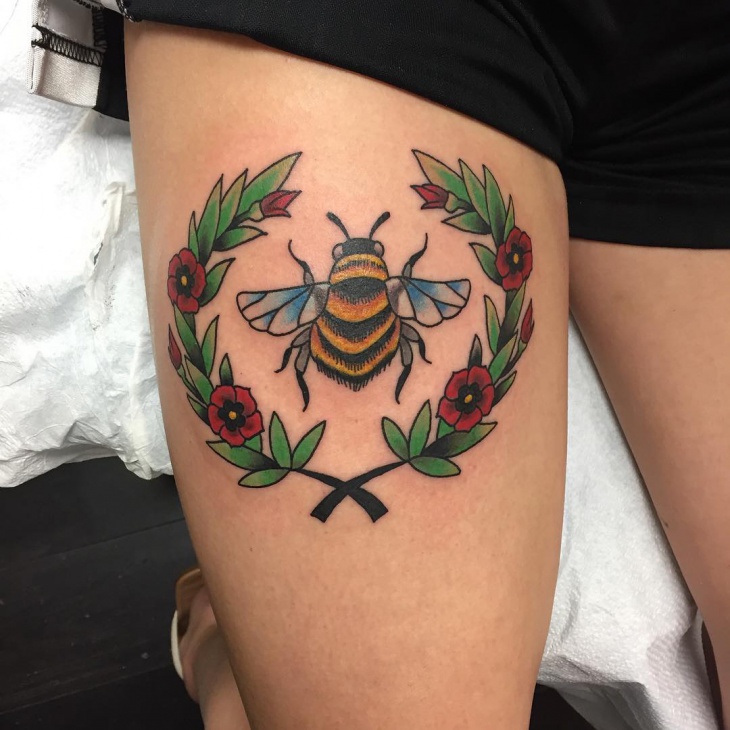 bumble bee tattoo on thigh