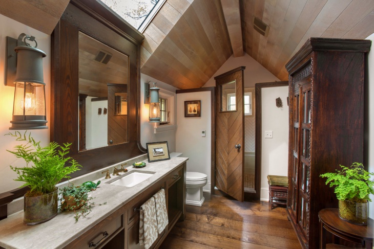 oak wood vaulted ceiling bathroom 