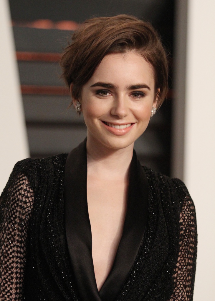 lily collins brunette pixie bob hairstyle