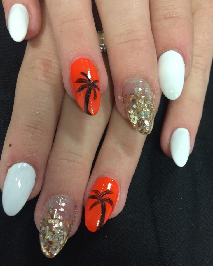 white and orange palm tree nail art