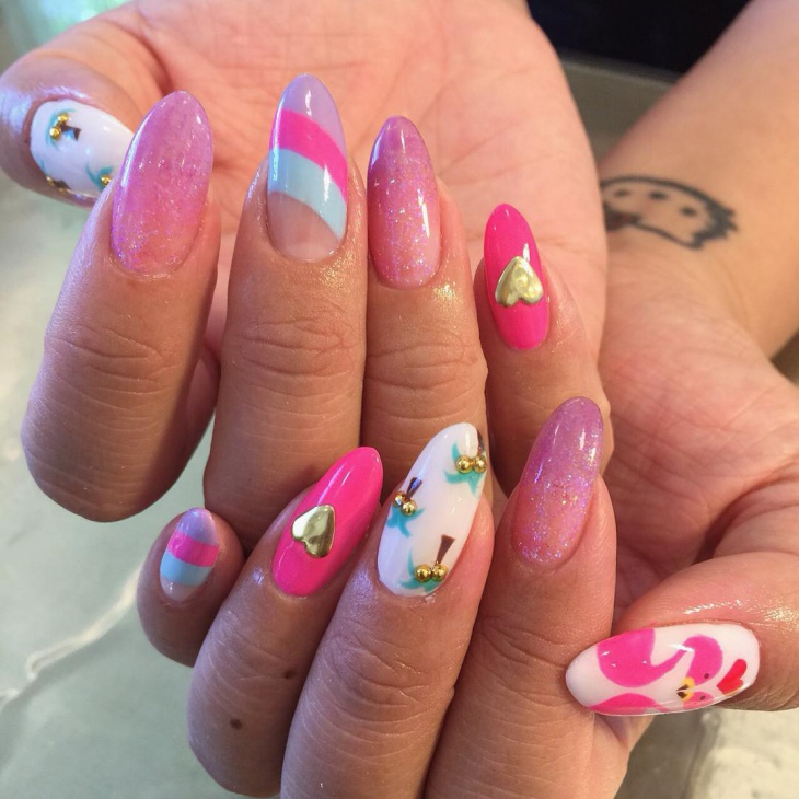 Beautiful Girl Showing Rainbow Colorful and Quirky Palm Tree Nail Art
