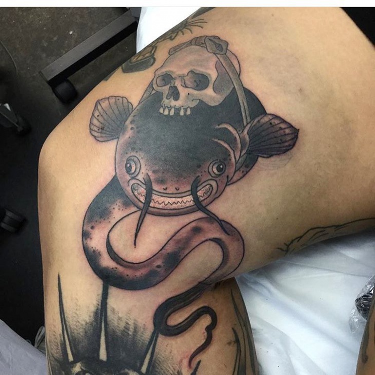 skull catfish tattoo for thigh