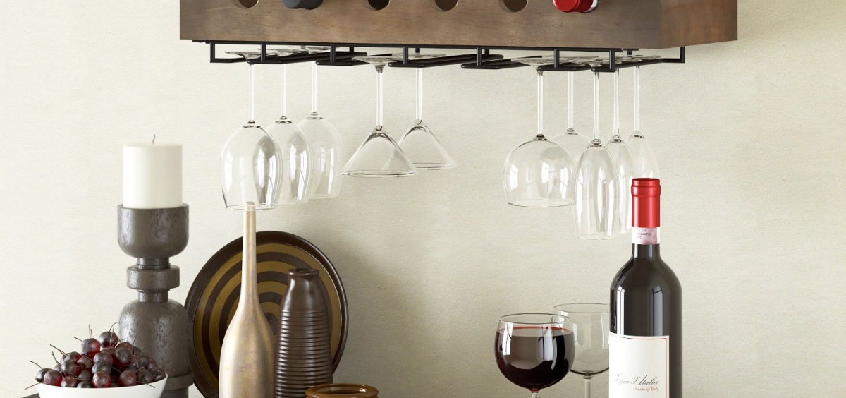 small wine bottle and glass rack